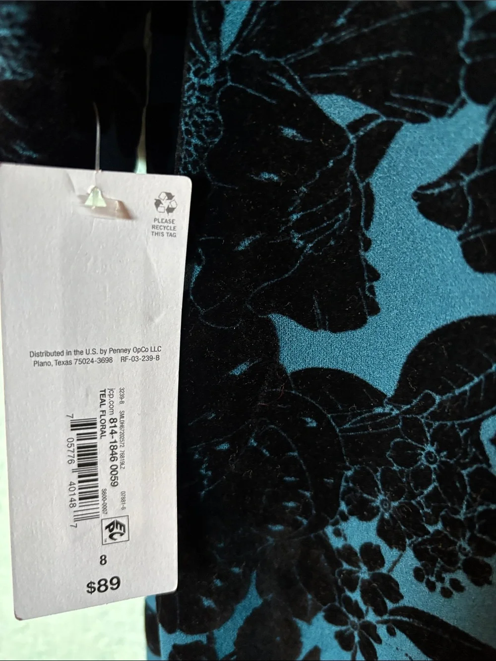 Liz Claiborne Blue Teal Floral Velvet Burnout Tie-Neck Dress  Women’s Size 8 - Picture 4 of 7